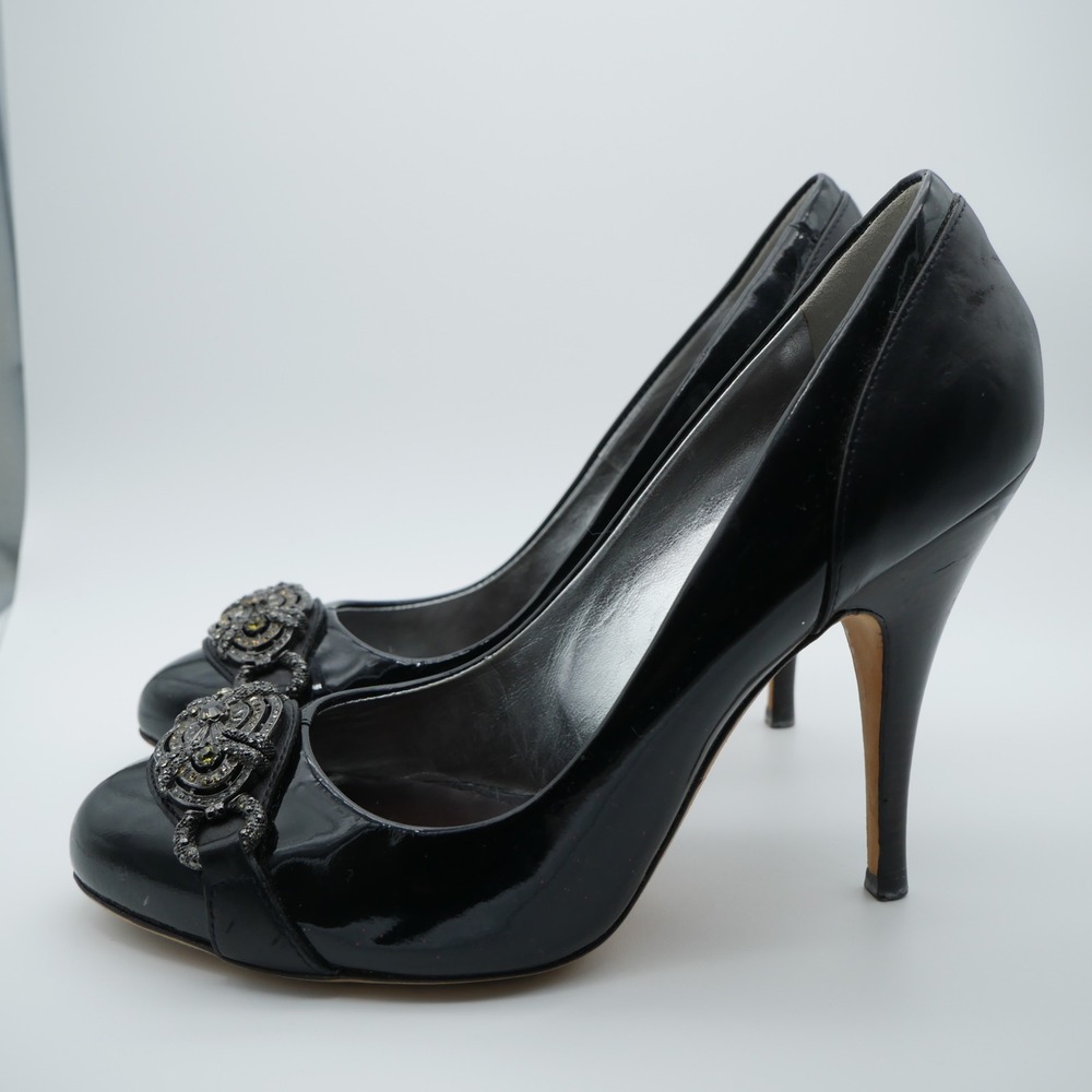 Giuseppe Zanotti Black Patent Leather Crystal Brooch Pumps Heels Size 37‎ Italy